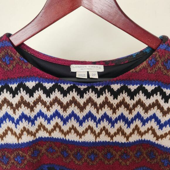 LONDON TIMES Multi Print Short Sleeves Pleated Knit Dress Size 2P - Picture 7 of 11